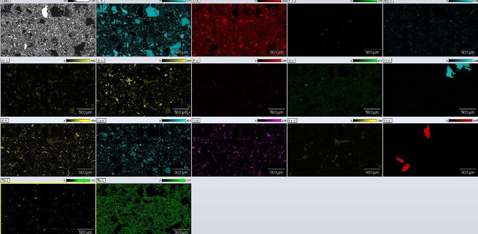 Net count maps of a ceramic brake pad sample. The map consists of an array of spectra 2,048 across and 1,536 high.
