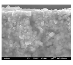 Scanning electron micrograph of a sintered ultracapacitor device, showing good sintered density resulting from uniform particle size.