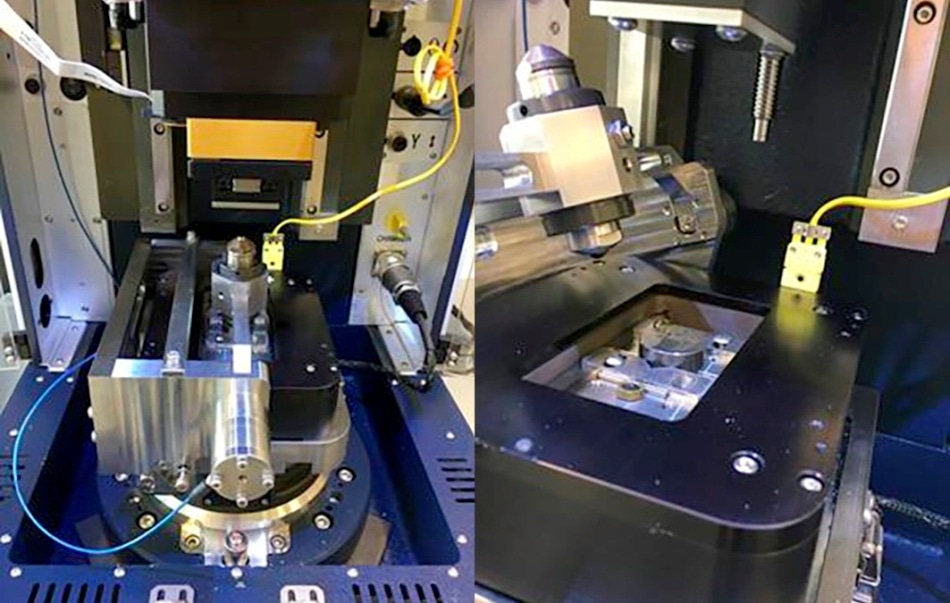 UMT TriboLab with HFRR setup. Left: Setup includes the reciprocating drive, HFRR sensor, 400 °C heater, and load sensor. Right: Pivoting allows easy setup of the samples.