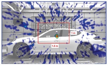 Beamforming map for LSP 6 without flow, 1/3-octave, f = 6300 Hz, DR = 25 dB.