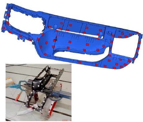Simulation model and the trim part of the floor console held in a jig for vibrometer testing.