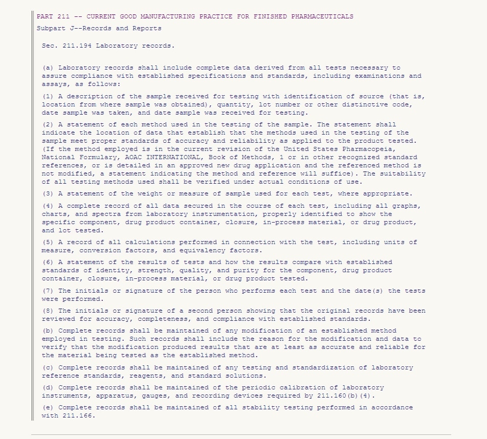 §§ 211.188, 211.194, and 212.60(g) need complete information, complete data drawn from all tests, complete record of all data, and total records of all performed tests.