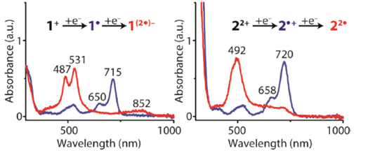 Absorption spectra of electrochemically generated singly and doubly reduced states of 1+ and 22+ recorded in dimethylformamide, measured using the AvaSpec-ULS2048-USB2-50 from Avantes. [1]