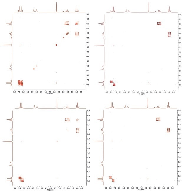 COSY-45 (top left), with convolution diagonal suppression (top right), shifted convolution (bottom left), and wavelets (bottom right).