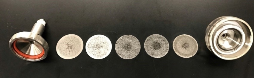 Example of particles collected on different size filters from in-line collection set-up.