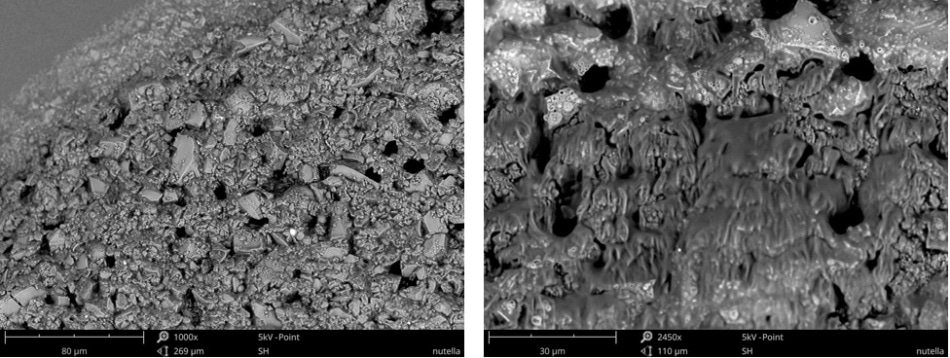 SEM images of (left) spreadable hazelnuts and (right) cacao cream.