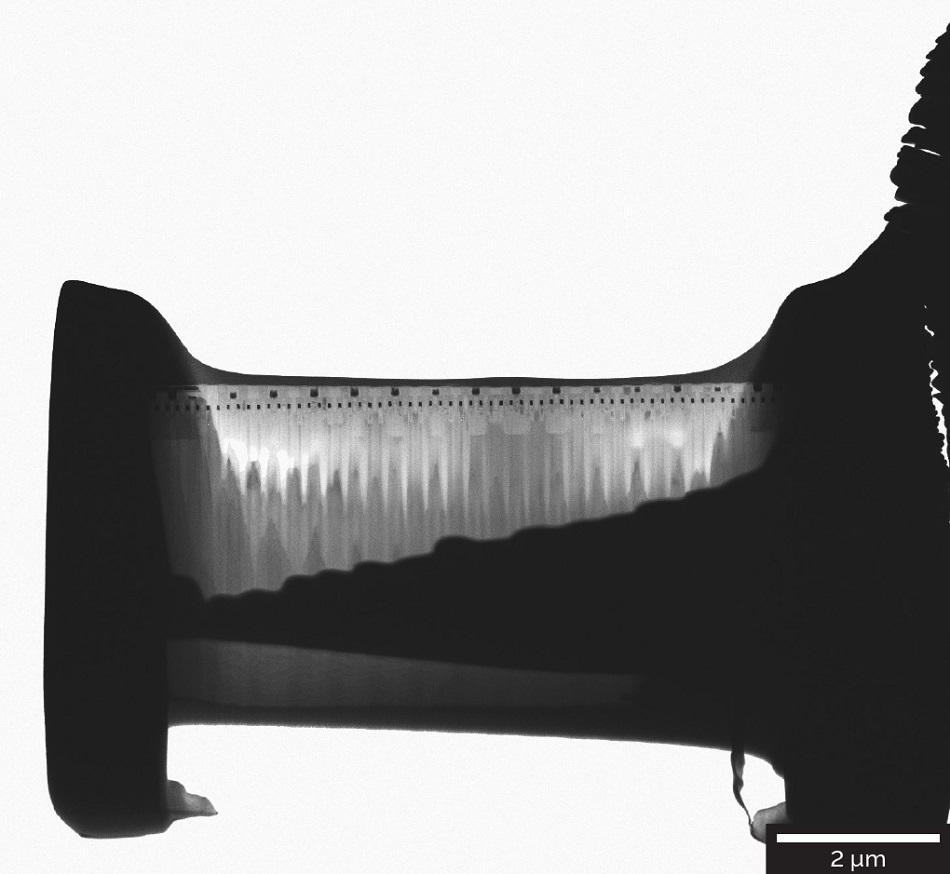 Overview STEM-BF image of a final lamella prepared from a SDRAM sample and polished to a final thickness of 80 nm.