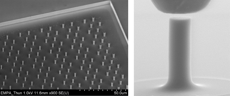 Examples of Si micropillar arrays (left) made by lithography and a single micropillar (right) just before contact with a diamond flat punch indenter.