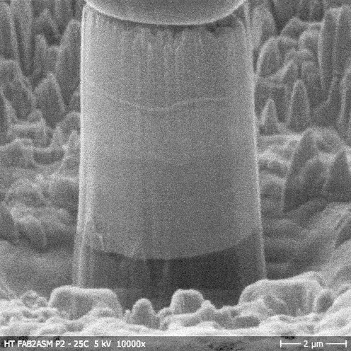 Example of a micropillar compression test on a micropillar built from a multilayer stack of different coatings.