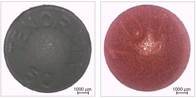 Genuine Tenormin (left) and counterfeit Tenormin (right).