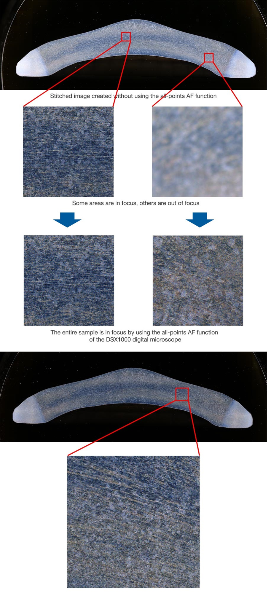 An auto-pasted image of a forged part made from several high-magnification images captured by the DSX1000 digital microscope (140X, 6 images vertically, 17 images horizontally). The image quality is maintained if you cut and magnify a part of it.