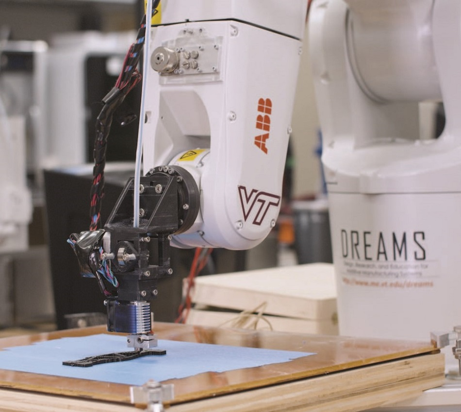 Leveraging polymer research and additive manufacturing processes to enable the production of more sustainable products using 3D printing technology at Virginia Tech University.