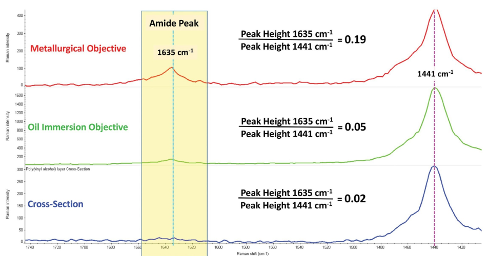 Spectra from the polyvinyl alcohol layer in the layered polymer composite film from the 3-D confocal data sets using both the metallurgical objective (red) and oil immersion objective (green) and from the 2-D image of the physical cross-section (blue). The peak height ratios (1635 cm-1 / 1441 cm-1) give a measurement of the spectral contributions from the neighboring polyamide layers and illustrate the reduced spectral contributions of adjacent layers when using the oil immersion objective for 3-D confocal Raman imaging.