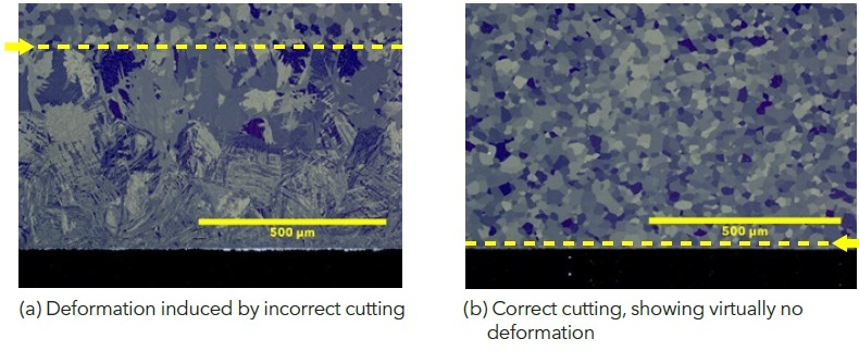As-polished cross section showing damage induced in titanium from improper cutting technique (cross-polarized light)