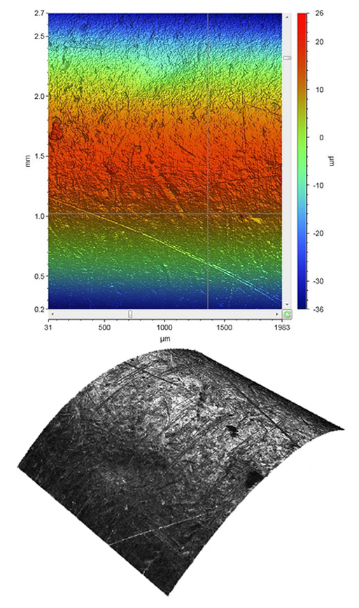 Metal cylinder color-coded height map (top) and high-fidelity, through-focus grayscale image (bottom).