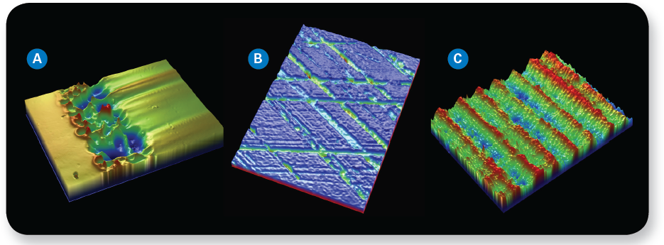 From left to right, 3D optical image revealing defect in chrome plating, 3D optical microscope image of honed cylinder wall functional surface, and 3D surface image of a brake rotor.