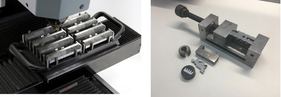 Magazine as clamping solution for same-parts-testing (left) Variations of different heattreated parts, embedded and non-embedded (right).