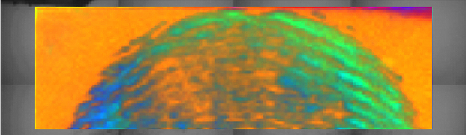 XPS image of a fingerprint on a silicon wafer. The green and blue colors indicate different chemical states present in the fingerprint, a result of what had been touched before the wafer.