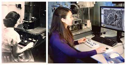 Microscopy across generations: Patricia Schmit (1948) and Sophia Antonioli-Schmit (2019) working on electron microscopy over 70 years apart.