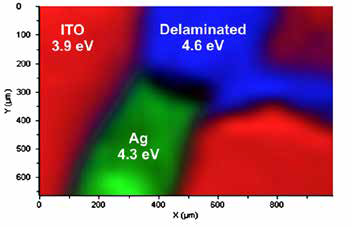 A work function map of the sample using a 50 µm X-ray spot from the K-Alpha work function values are shown on the image.