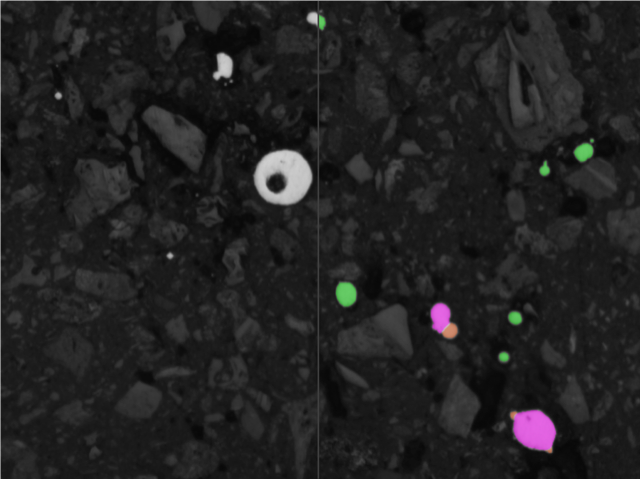Automated particle satellite detection from cross-sectioned metal powder under an optical microscope (orange=satellite particle,