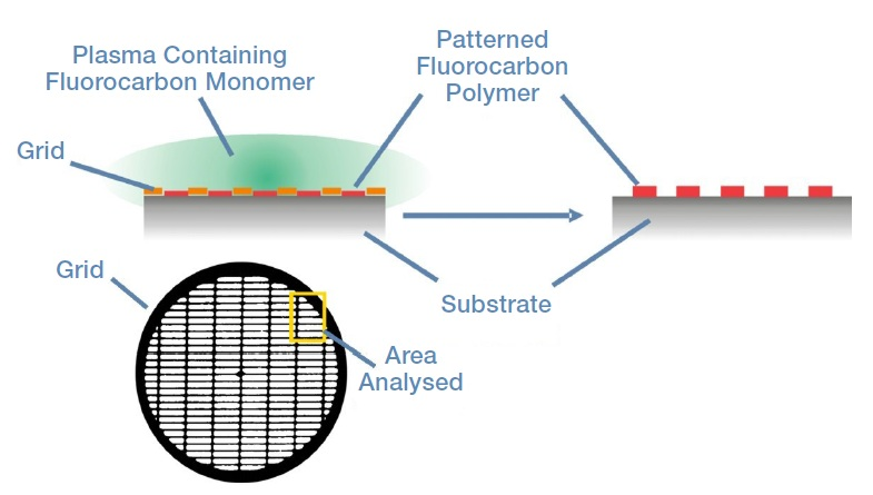An illustration of the sample preparation, the grid used in the preparation and the area of the sample analyzed in K-Alpha.