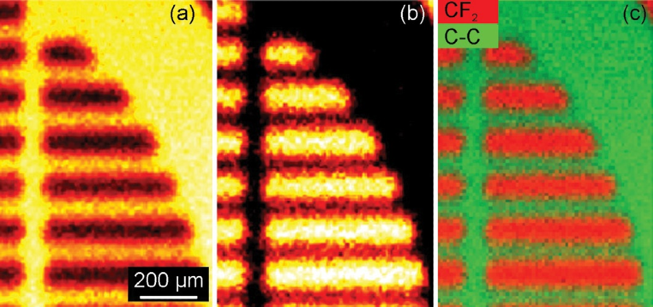 (a) Map obtained from the signal at a binding energy of 284.7 eV (the hydrocarbon peak) (b) Map obtained from the signal at a binding energy of 291 eV (a fluorocarbon peak) and (c) an overlay of the maps shown in (a) and (b).