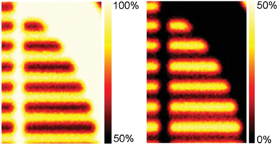 (a) Atomic concentration map from the hydrocarbon peak following peak fitting at every pixel. (b) Atomic concentration map from the fluorocarbon peak.