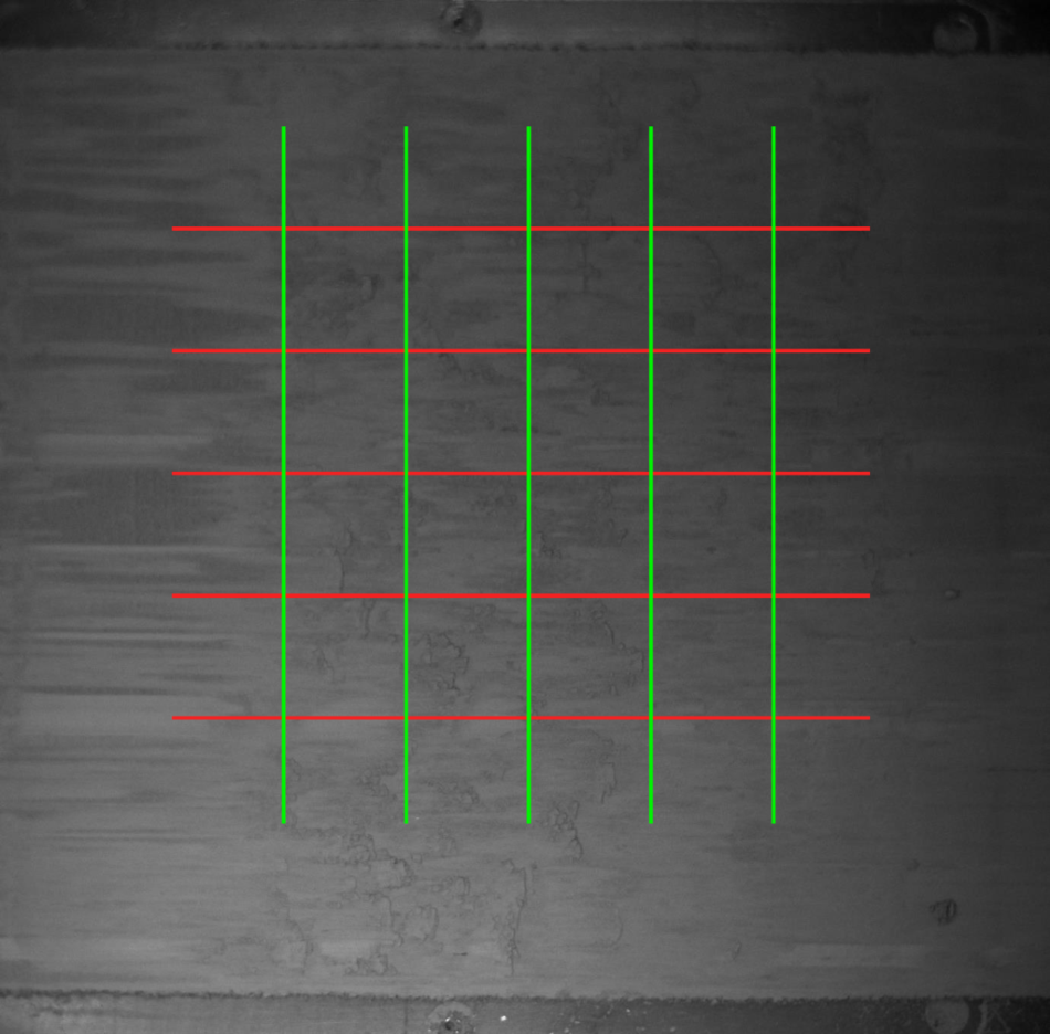 Top: horizontal and vertical lines from which pixel intensity profiles are extracted. Bottom: pixel intensity profile (plain) and average profile (dashed) used to compute the interface fluctuation.