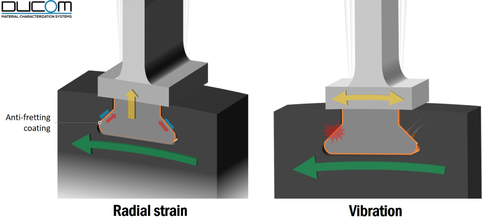 Fretting wear of turbine blades due to radial strain and vibration.