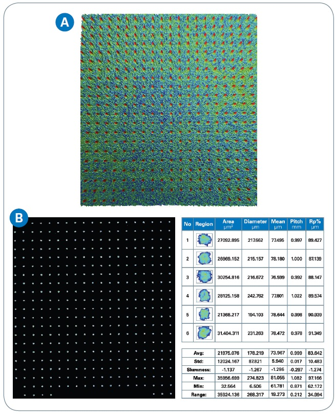 (a) 3D optical image of designed pad, and (b) automatic detection/analysis of the designed pad conditioner.