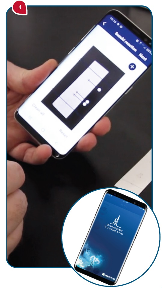 With the TLC to Flash app, take a picture of the TLC plate. The compounds will be detected automatically. Select the ones of interest with a tap. The application calculates Rf and ?CV (= ?K). Finally, indicate the solvents, their proportions and your comments in the dedicated areas and send to the puriFlash.