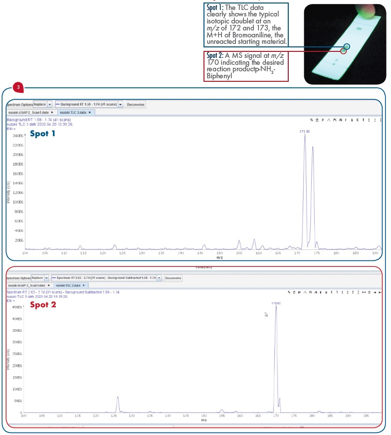 Spot 1. The TLC data clearly shows the typical isotopic doublet at an m/z of 172 and 173, the M+H of Bromoaniline, the unreacted starting material. Spot 2. A MS signal at m/z 170 indicating the desired reaction productp-NH2- Biphenyl.