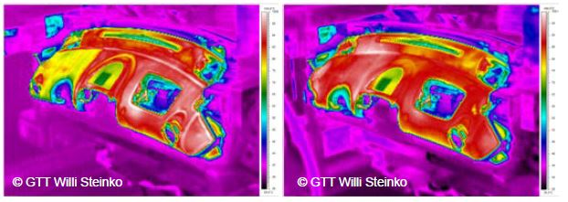 Before: clearly identifiable thermal weak points, After: thermally optimized component.