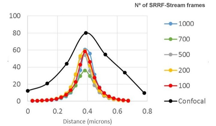 SRRF-stream resolution increase with the number of frames acquired per time point. 100 nm tetraspeck beads where imaged and the FWM was measured. We can observe that with 100 SRRF frames acquired the FMW of the tertaspeck beads is 50 nm. The 100 nm bead can be accurately measured using the SRRF-stream algorithm and acquiring 100 frames. Images were acquired in confocal mode, and in confocal mode with different SRRF-stream acquired image images per point, respectively: 100, 200, 500, 700, 1000. Thanks to Dr Ann Wheeler, Head of the Advanced Imaging Resource at the MRC Institute of Genetics and Molecular Medicine, University of Edinburgh.