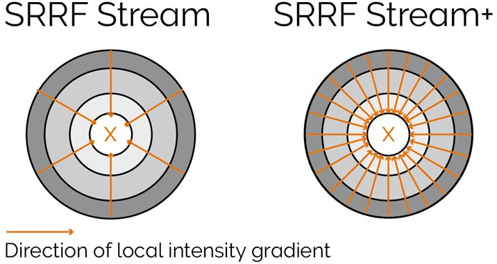 Radiality computation measurements in SRRF-Stream and SRRF-Stream+ As it can be observed by the image the increased computational radiality measurements will deliver a more accurate result of the SRRF image.