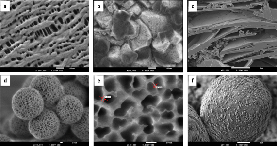 Examples of nanostructured materials imaged utilizing ultra-low accelerating voltage in FE-SEM. a) Polymer membrane used as a separator in Li batteries imaged at 100 V; b) Li battery positive electrode material imaged at 300 V; c) Cross section of polymer sheet with graphene flakes and nano-particles imaged at 500 V; d) Nanoporous oxide particles imaged at 200 V; e) Anopore inorganic membrane (aluminum oxide) for filtration imaged at 10 V; f) Blue toner particles imaged at 30 V.