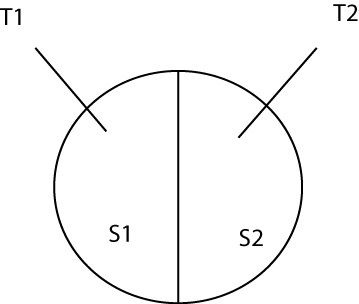 Measurement spot covering areas S1 and S2 with thicknesses T1 and T2 , respectively. In our case S1 and S2 represent oxide (on the bottom of the well) and PR (on top of the Si).