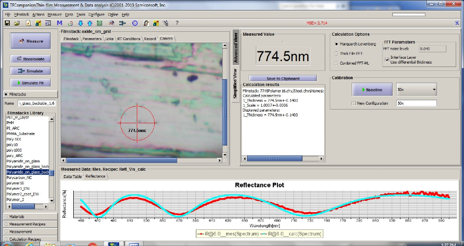 Measurement of dip coated metal sheet with smooth surface. Measurement spot size 10 µm is positioned in the uniform area.