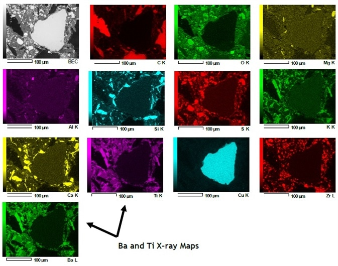 Ceramic Brake Pad - X-ray Maps (Barium and Titanium X-ray Maps and Overall).