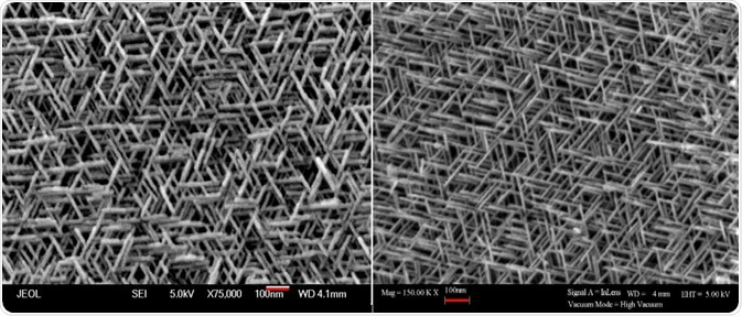 SEM images of hematite with the same enlargement of the sample despite having different magnification values stated. Left image: From a JEOL SEM Right image: From a different SEM manufacturer.