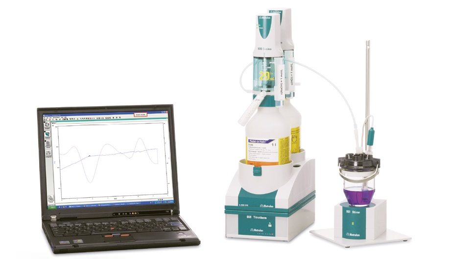 Thermometric titration system consisting of a Metrohm 859 Titrotherm equipped with a Thermoprobe for the indication and two 800 Dosinos for the titrant and addition of auxiliary solution. The system is controlled via the Metrohm tiamoTM software.