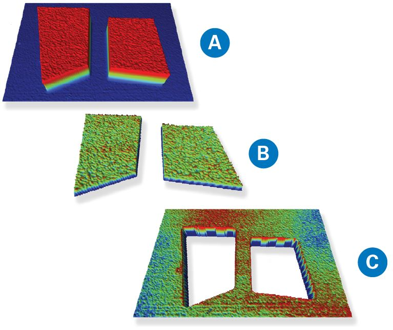 WLI images showing (a) HD sliders with ABS feature, (b) just ABS, and (c) cavity with subnanometer surface finishes.