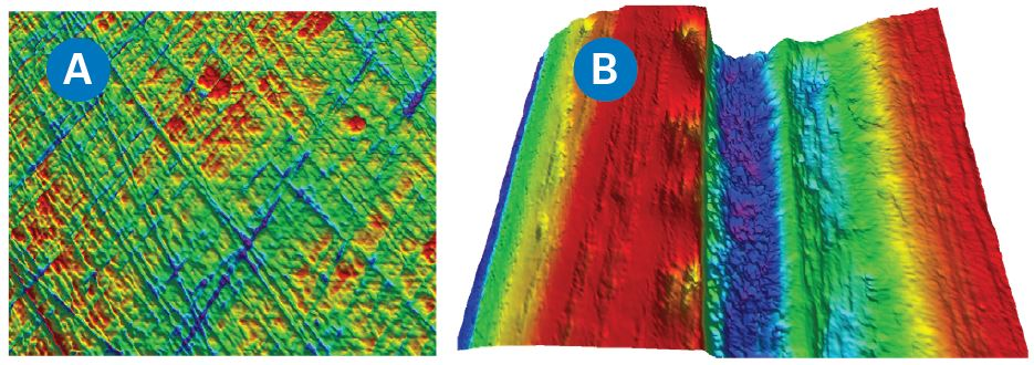 Nanometer Sa sealing surface (a) and tens of microns Sa milled surface (b) viewed with USI mode.