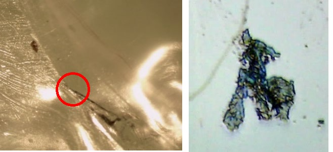 (Left) Visible defect found in plastic packaging viewed with a stereo microscope; (Right) Excised fiber rolled flat on a low-E microscope slide and imaged with the SurveyIR.