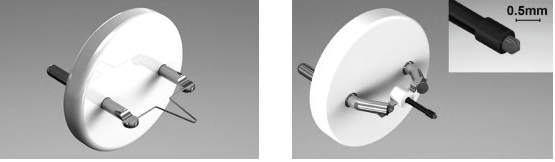 A Tungsten cathode on the left, compared with a CeB6 cathode on the right.