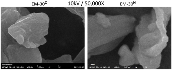 CeB6 (left image) vs Tungsten (right). For the best resolution of very small feature detail of low Z samples, CeB6 can offer superior imaging by using a lower kV eBeam.