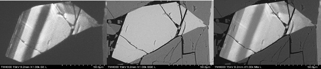 Zonation study in coarse grained syenite with alkali feldspar From left – CL image showing zonation, BSE image showing composition contrast and Mixed (CL + BSE) image recorded simultaneously.