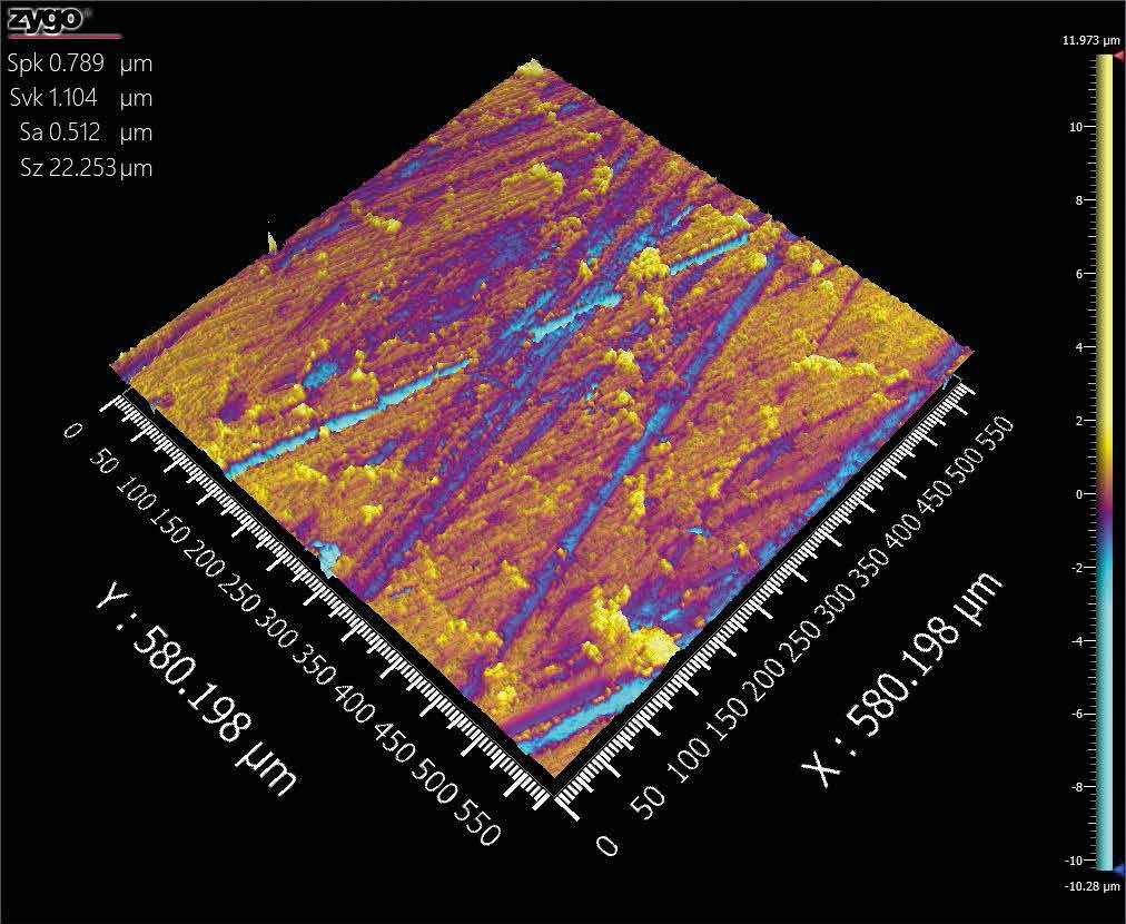 Honing generates the proper stratified surface for the sliding ring/cylinder interface. Quantifying the lubricity by direct measurement of porosity will assist with honing process control. The height scale runs from –10 to +12 µm.