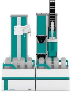 Sample Robot and OMNIS Titrator Advanced equipped with dEcotrode plus for the assay of lithium hydroxide and lithium carbonate.